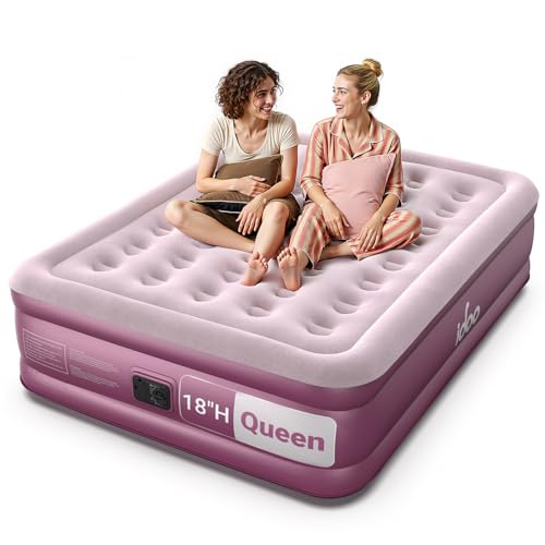 Pink Lilac Queen Air Mattress with Built-in Pump - 18 Inch Blow Up Bed