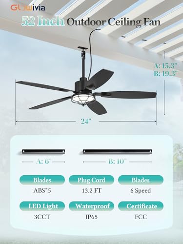 52-Inch Outdoor Ceiling Fan with Lights Waterproof IP65 Black