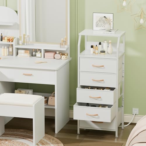 Furnulem 5-Drawer Dresser with Charging Station - White Nightstand