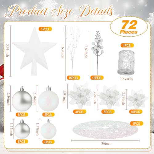 Realspring White Christmas Tree Ornament Set - 72 Pieces Holiday Decorations