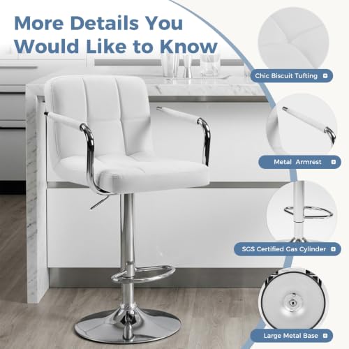 DUMOS Swivel Bar Stools Set of 2 - White PU Leather Counter Height Chairs