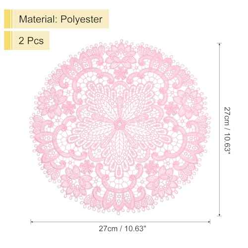 uxcell 2Pcs Retro Lace Placemats, 10.6x10.6inch Round French Crochet Doilies Central Hollow Flower Vase Mat Coaster for Dining Table Home Decoration, Pink