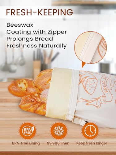 Honiitaa Off-White XL Beeswax Bread Bags with Zipper & Liners - Sourdough Storage