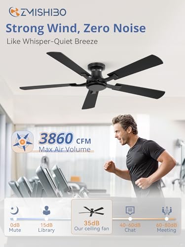Black 52 Inch Ceiling Fan No Light Flush Mount Low Profile - Whisper-Quiet DC Motor