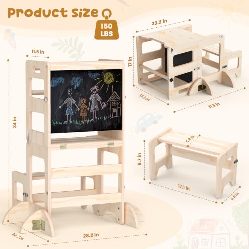 Cravenook Natural 4-in-1 Toddler Kitchen Step Stool & Learning Tower