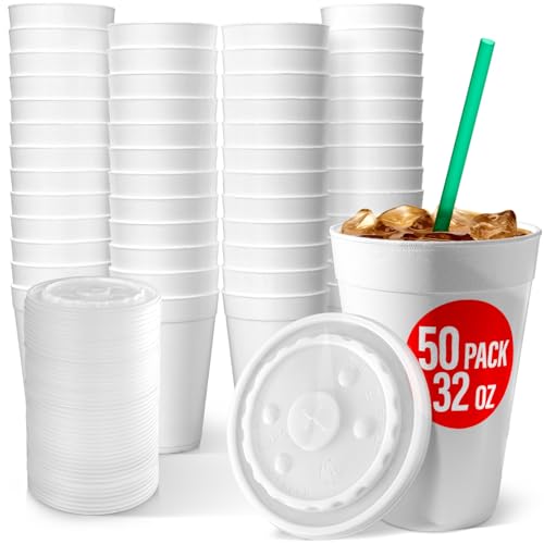 50 Pack 32 Oz Styrofoam Cups with Lids - Large Disposable Foam Cups for Hot & Cold Drinks - Made in USA