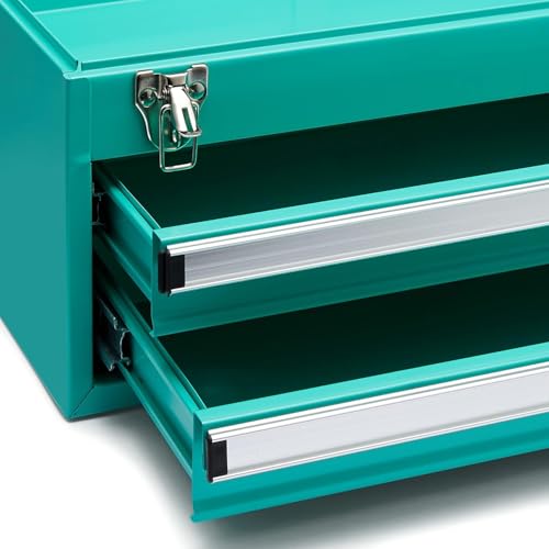 Metal Tool Box with Drawers - Turquoise Storage Organizer, 18.1 x 8.7 x 9.5 in