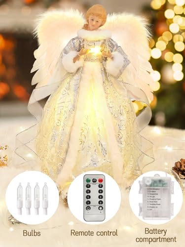 HOHOTIME Silver 14'' Angel Tree Topper with White Feather Wings & LED Light