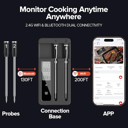ROUUO Gray Wireless Meat Thermometer with 2 Probes, WiFi & Magnetic Base