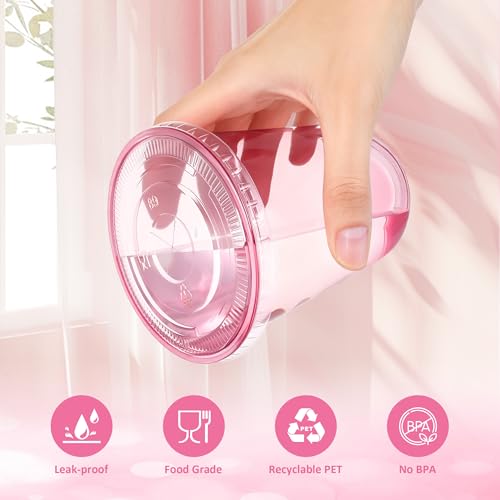 Pink Plastic Disposable Cups with Lids & Straws - 16oz, 100 Sets