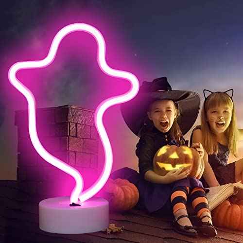 Ghost Neon Signs Halloween Night Lights, LED Signs Ghost Shape Lamp Neon Lights for Nursery Room Wall, Festival, Party Christmas Decor-Ghost with Holder Base(Pink) ¡¦