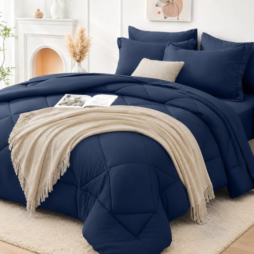 Navy Blue Full Size Comforter Set - 7 Pieces, Soft Bed in a Bag, Diamond Quilt