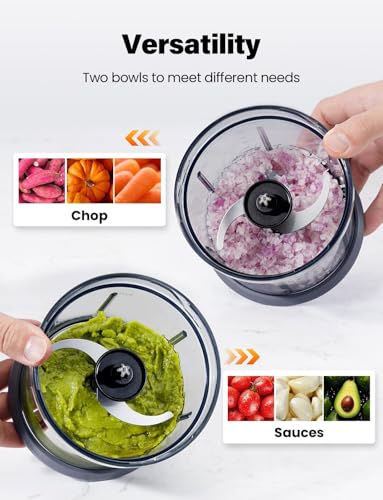 TWOMEOW 4-Cup Electric Food Processor & Chopper with 2 Bowls, 2 Speed, 4 Blades