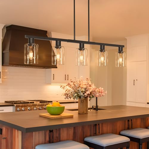 5-Light Farmhouse Pendant Light Fixture - Black + Clear Glass, 40in Adjustable