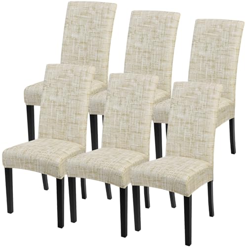 SearchI Flaxen Print Dining Chair Covers Set of 6 – Stretchable, Washable Parsons Slipcovers for Kitchen & Dining Chairs
