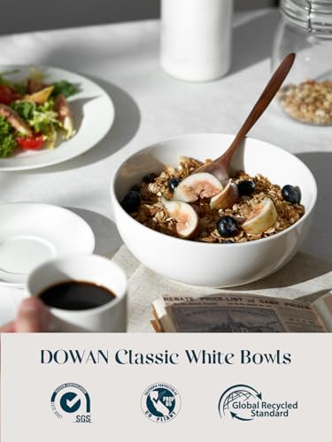 DOWAN 39 OZ Soft White Ceramic Soup & Pasta Bowls Set of 4 - Deep Noodle & Salad Bowls