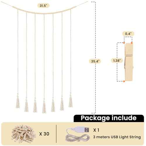 Macrame Hanging Photo Display Boho Wall Decor with String Lights Wooden Beads Garland Picture Frame Collage Holder with 30 Clips for Room, Bedroom, Dorm, Christmas Teenage Teen Girl Gifts (Beige, Medium)