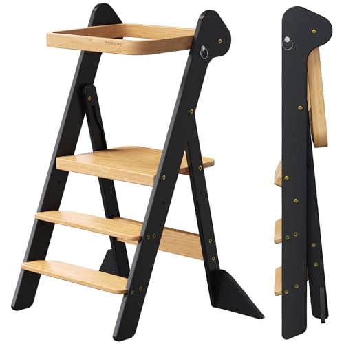COSYLAND Foldable Toddler Kitchen Stool Adjustable Height with Safety Net & Feet - Wooden & Black, For Kids 18M-6Y