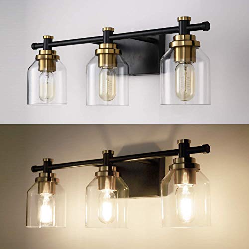 SOLFART Black and Brass 3-Light Bathroom Vanity Light Fixture Over Mirror Globe Style