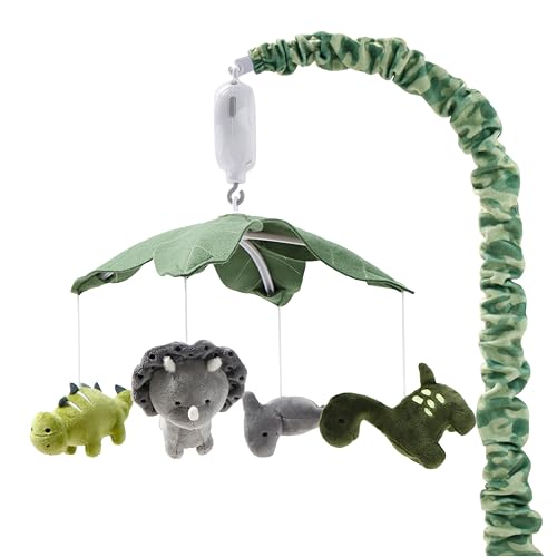 Musical Crib Mobile for Babies with Dino Safari Theme - Grey & Green Camo, 12 Lullabies