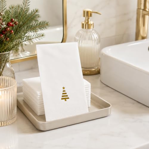 Tbsone Christmas Dinner Paper Napkins - 100 Pack, Holiday Guest Towels, 3-Ply, Festive Foil Tree Design