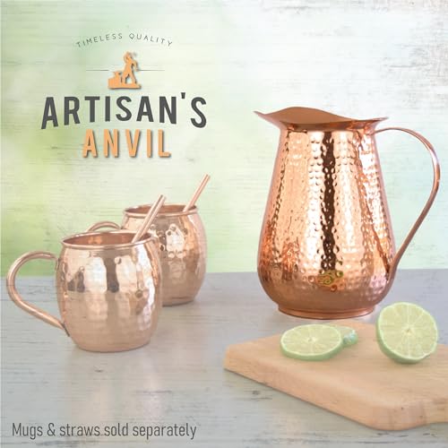 Hammered Copper Water Pitcher 70oz, 100% Pure, Handle