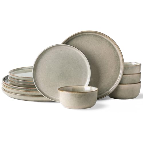 Reactive Glaze Stoneware Dinnerware Set for 4 - 12 Pieces, Plates & Bowls