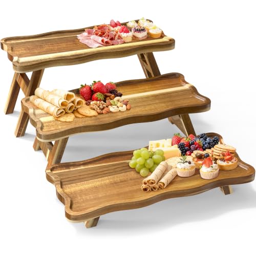 QAUUQQ Acacia Wood 3-Tier Cupcake Stand Foldable Dessert Serving Tray for Parties