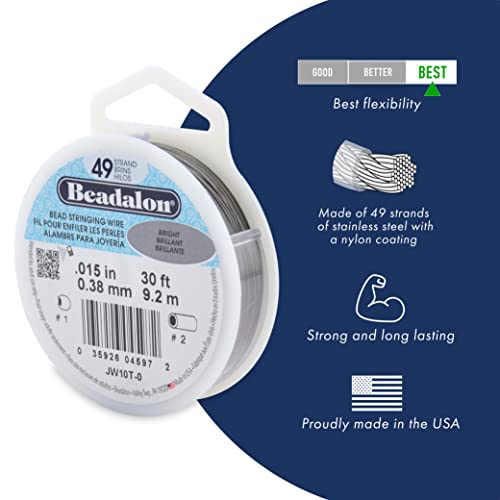 Beadalon 49 Strand Jewelry Wire - Bright .018in / 0.46mm, 100ft / 31m, Flexible Silver Beading Wire - Bright / .018 in / 0.46 mm
