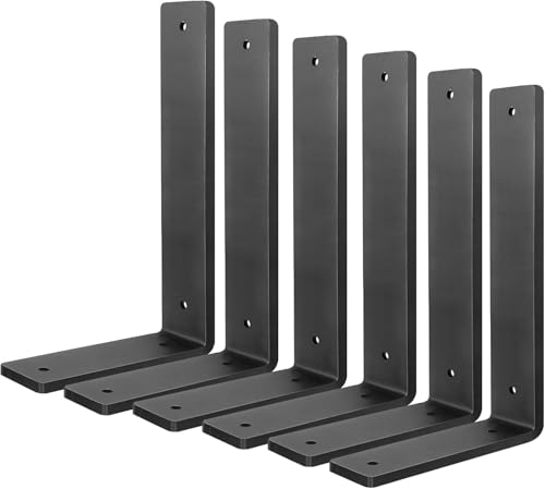 Heavy Duty 10 Inch Shelf Brackets - Black 6 Pack Wall Mounting Supports with Hardware
