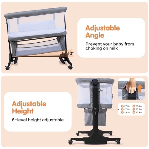 4-in-1 Bedside Bassinet Sleeper with Mesh, 6-Height Adjustable, Washable Mattress - Grey