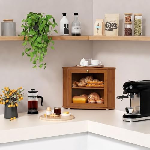 Walnut Corner Bread Box - Double Layer Kitchen Storage for Baked Goods