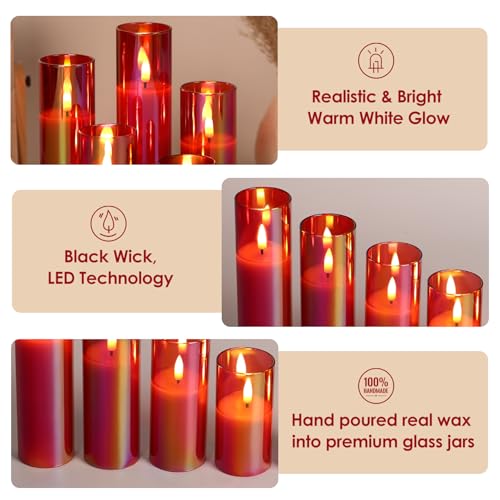 Red Glass Flameless Pillar Candles with Remote (Set of 5) Eywamage