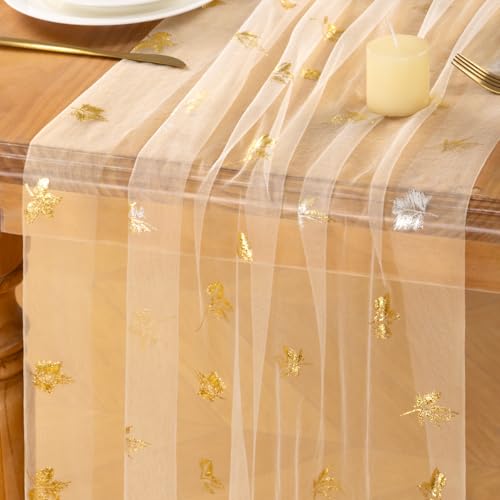 Jimtx Beige Maple Gold Glitter Cheesecloth Table Runner 10FT for Weddings & Events