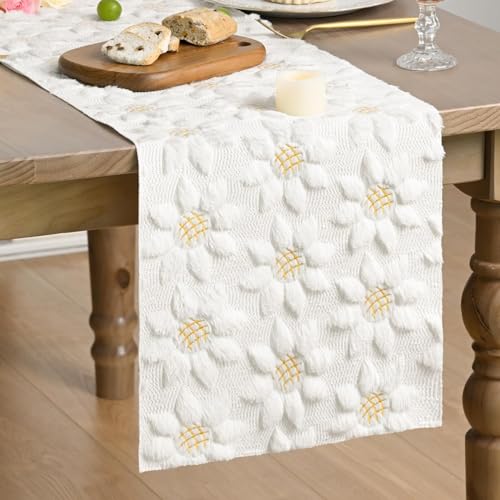 Artoid Mode 13" x 120" White Faux Fur Sunflower Table Runner for Home & Dining