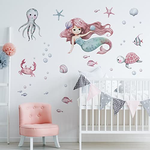 Mfault Mermaid Under The Sea Wall Decals Stickers, Baby Girls Ocean Creatures Nursery Decoration Bedroom Playroom Art, Coastal Beach Octopus Turtles Shell Bubble Fish Kids Room Bathroom Home Decor