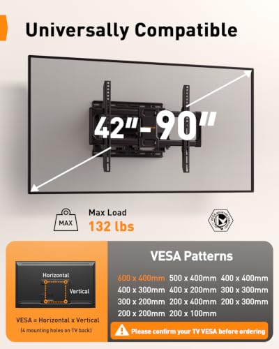 42-90 Inch Full Motion TV Wall Mount for 132lbs on Wood Studs without LED - Perlegear