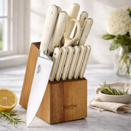 High Carbon Stainless Steel Knife Set with Acacia Wood Block - Linen White, 14 Pieces - Knife Block Set