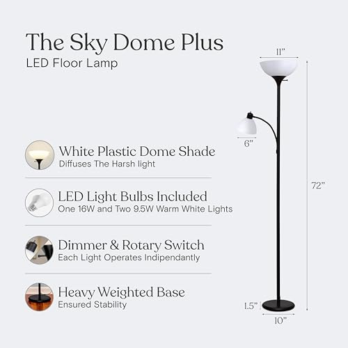 Black Brightech Sky Dome Plus LED Floor Lamp with Reading Light - Dimmable Torchiere