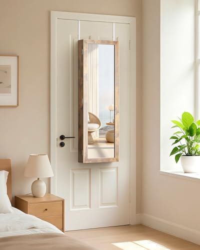 Nicetree Rustic Brown 6-LED Wall Jewelry Mirror Cabinet with Lock & Storage
