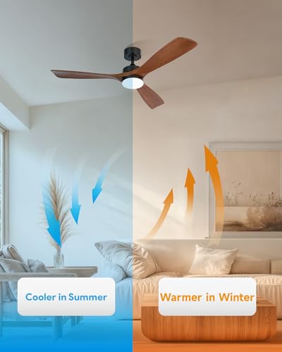 Wood Ceiling Fan with Lights 52 Inch - Walnut + Black, Reversible Remote