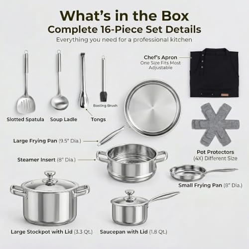 16-Piece Stainless Steel Cookware Set with Pots Pans Lids Steamer & Utensils