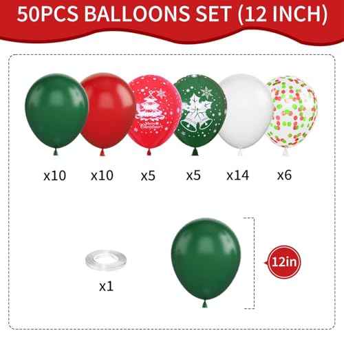 50PCS Red, Green and White Balloons - 12 inch Christmas Balloons - Arch Kit - Party Decoration