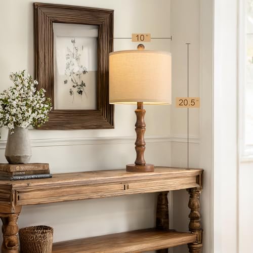 Small Rustic Table Lamp Set of 2 - Light Walnut Farmhouse Nightstand Lamps