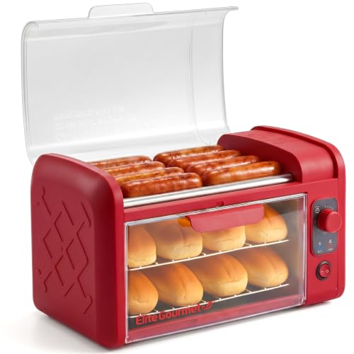 Elite Gourmet 8 Hot Dog Roller & Toaster Oven with Auto Shut-Off, Red