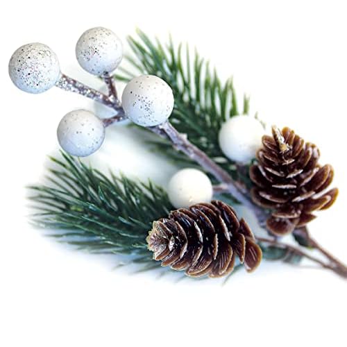 OLYPHAN White Christmas Berries/Berry Stems w. Pine Branches & Artificial Pine Cones/White Holly Spray/Wreath Picks for Winter Decor, Holiday Crafts, Xmas Decorations/Decorative Pick (Snow)