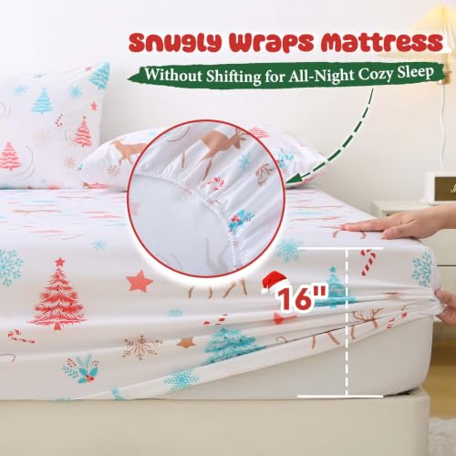 Kids Full Size Christmas Sheet Set White with Reindeer & Trees, Holiday Bedding