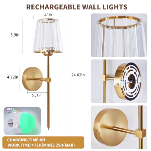 Gold Battery Operated Crystal Wall Sconces Set of 2 with Adjustable RGB Lighting