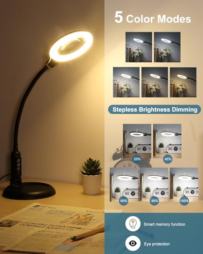 Black 12X Magnifying Glass with Light & Stand - LED 5 Color Modes, Stepless Dimming, Hands-Free Desk Clamp Lamp for Crafts & Close Work