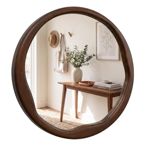 Dark Walnut 24-Inch Round Wood Wall Mirror - Asymmetrical Inner Edge - Solid Wood Frame